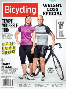 Cover the the Bicycling Magazine featuring a woman and a man with a bicycle